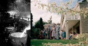 Split image: Left shows a black-and-white scene from an industrial steel mill with molten metal. Right depicts a colorful outdoor gathering of people socializing by a modern house with trees and greenery.