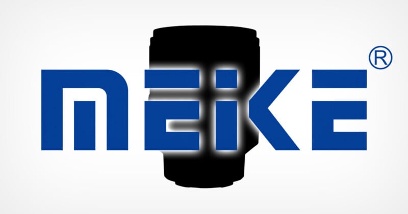 The image shows the word "MEIKE" in bold blue letters over a black camera lens silhouette, with a registered trademark symbol in the top right corner. The background is white and the letters have a slight glow.