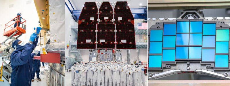 A three-part composite showing technicians in cleanroom suits working on a large satellite, a group of staff posing before the assembled spacecraft, and a close-up of a grid of blue optical sensors.