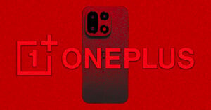 A black smartphone with dual cameras stands in front of a large red "ONEPLUS" logo and icon, all set against a textured red background.