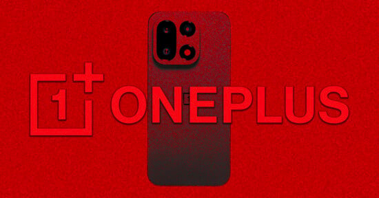 A black smartphone with dual cameras stands in front of a large red "ONEPLUS" logo and icon, all set against a textured red background.