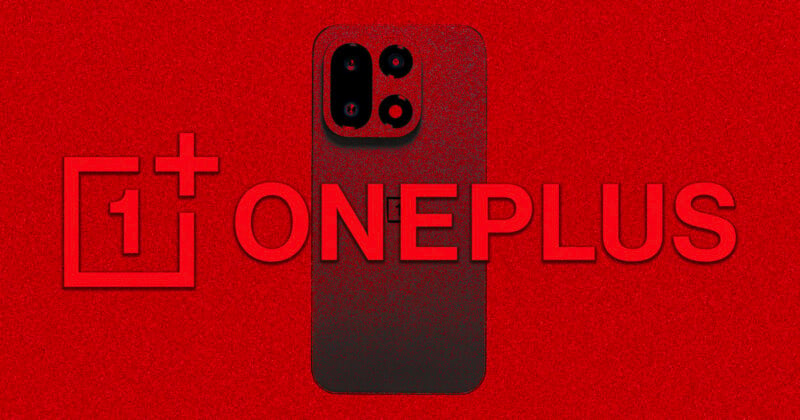 A black smartphone with dual cameras stands in front of a large red "ONEPLUS" logo and icon, all set against a textured red background.
