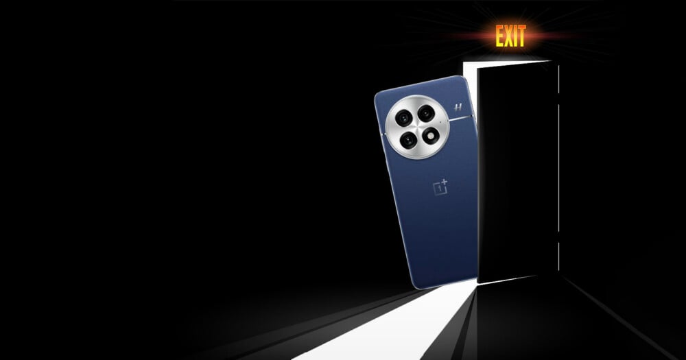 A OnePlus 13 smartphone comically exits through a door against a dark background