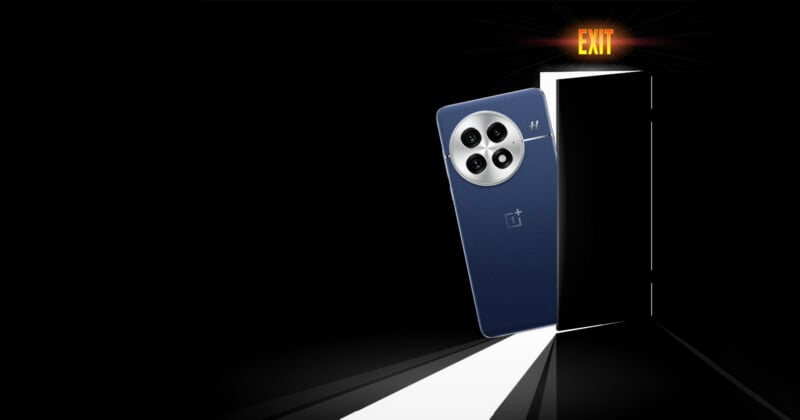 A OnePlus 13 smartphone comically exits through a door against a dark background