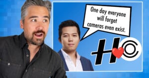 A surprised man looks at a graphic of another man saying, "One day everyone will forget cameras even exist," with a heart and copyright symbol on a blue background.