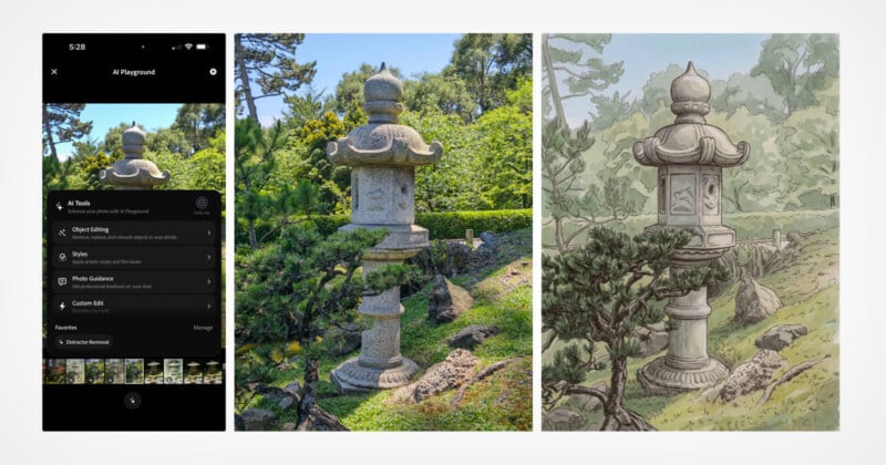  left shows a photo editing app with a stone lantern photo; center shows the original lantern photo in a garden; right shows a watercolor-style illustration of the same stone lantern in the garden.