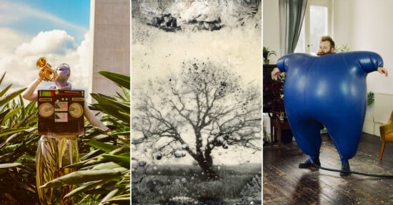 A triptych showing a person in a boombox costume playing a trumpet, a textured black-and-white tree, and a man in a blue suit.
