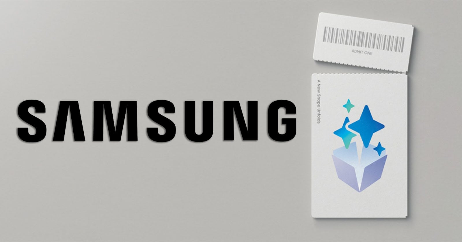 Samsung logo beside a ticket with a barcode and a blue gem-like icon, on a light gray background.