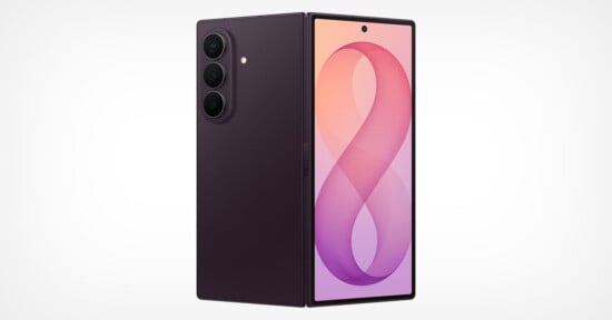 A purple foldable smartphone is shown partially open, displaying its front screen with a colorful number 8 design and triple rear cameras.
