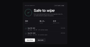 A software interface shows "Safe to wipe" with a green check. It displays 344 clips, 81.2 GB copied, 2/2 safe to wipe, and verified Sony FX6 cards. Buttons for "New offload" and "Eject cards" are at the bottom.