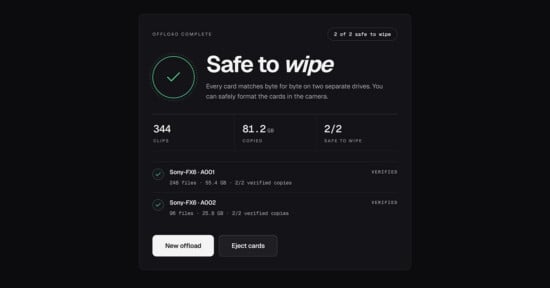 A software interface shows "Safe to wipe" with a green check. It displays 344 clips, 81.2 GB copied, 2/2 safe to wipe, and verified Sony FX6 cards. Buttons for "New offload" and "Eject cards" are at the bottom.