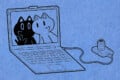 Two cartoon cat characters appear on a laptop screen, one dark and one light, both smiling. The laptop is connected to a camera by a cable. The background is textured blue.