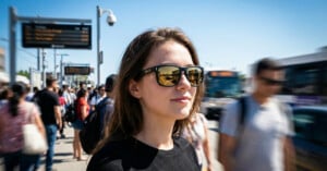 A young woman wearing sunglasses stands outdoors at a busy transit stop, with blurred people and buses moving around her on a sunny day.