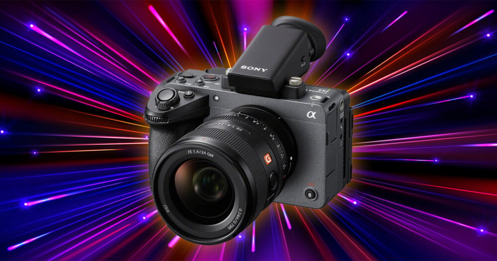A Sony Alpha camera with a lens is centered against a vibrant, colorful background of radiating light streaks in blue, pink, orange, and purple.
