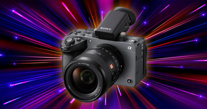 A Sony Alpha camera with a lens is centered against a vibrant, colorful background of radiating light streaks in blue, pink, orange, and purple.