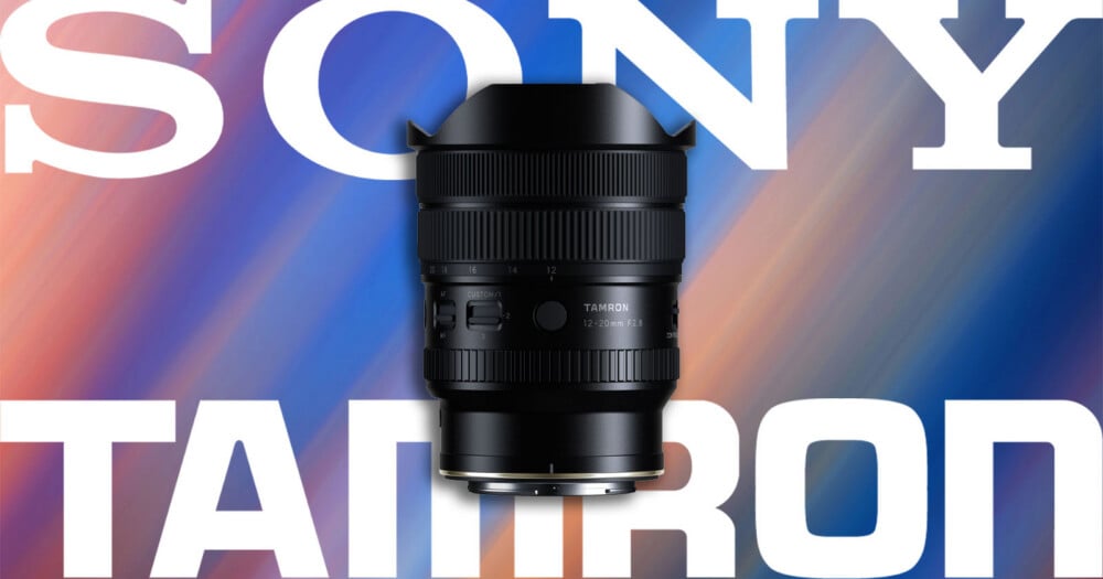 A Tamron 12-20mm F2.8 lens centered against a background with large white "SONY" and "TAMRON" text over a blurred, colorful gradient.