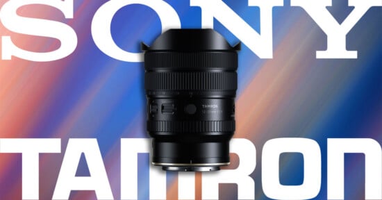 A Tamron 12-20mm F2.8 lens centered against a background with large white "SONY" and "TAMRON" text over a blurred, colorful gradient.