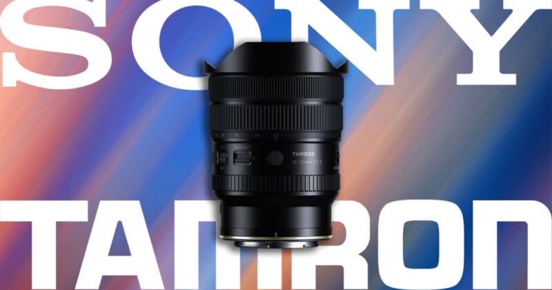 A Tamron 12-20mm F2.8 lens centered against a background with large white "SONY" and "TAMRON" text over a blurred, colorful gradient.