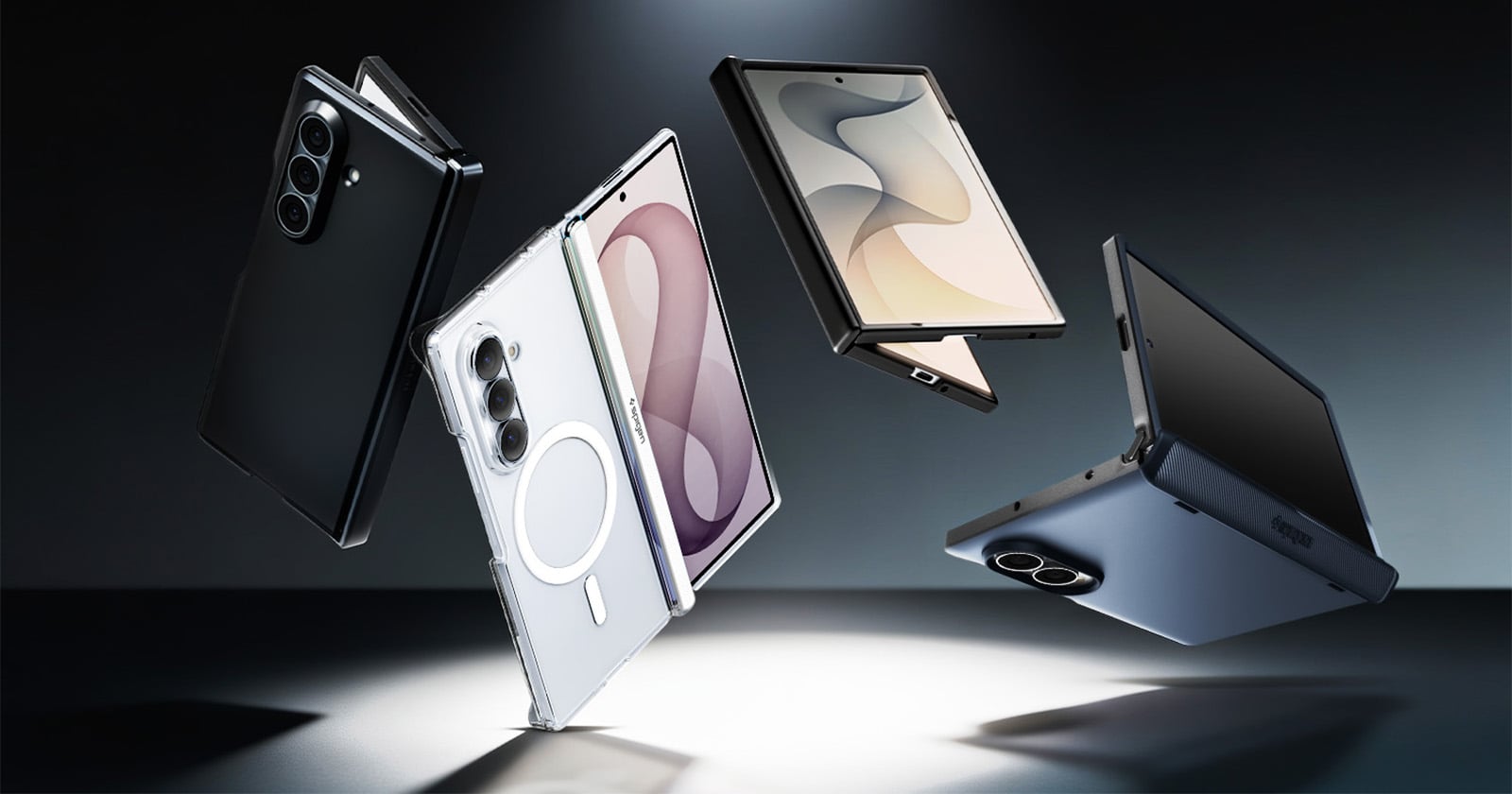 Five modern smartphones and foldable devices in black, white, and gray appear to be floating above a lit circular platform, displayed dramatically against a dark background.