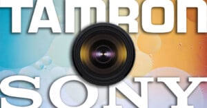 The word TAMRON appears in large white letters above a camera lens, with the word SONY in large white letters below it, all set against a background of blue and orange bubbles.