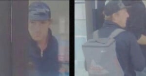 Two surveillance images of a person wearing a cap and dark jacket. In the first image, their face is visible; in the second, they are turned away, carrying a gray backpack with text and a logo.