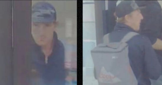 Two surveillance images of a person wearing a cap and dark jacket. In the first image, their face is visible; in the second, they are turned away, carrying a gray backpack with text and a logo.