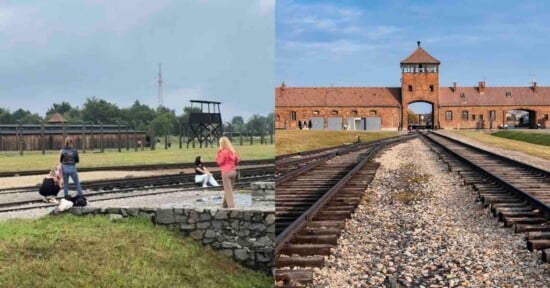 Two images of Auschwitz concentration camp: tourists standing on gravel by train tracks on the left, and the iconic brick entrance building with train tracks leading to it on the right, both under blue skies.