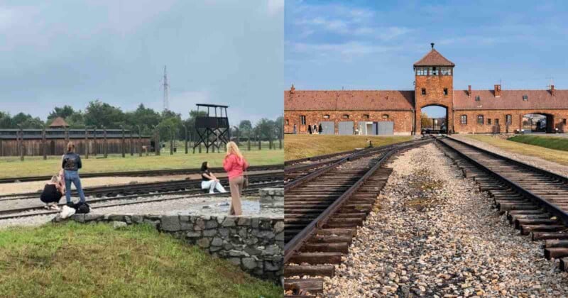 Two images of Auschwitz concentration camp: tourists standing on gravel by train tracks on the left, and the iconic brick entrance building with train tracks leading to it on the right, both under blue skies.