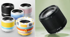 Five colorful camera lenses with playful, toy-like designs are arranged on the left, while a sleek, black camera lens labeled "AF 50/1.8" floats against a light green background on the right.