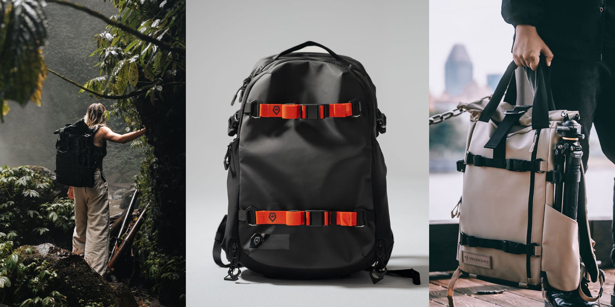 A triptych showing a person hiking with a black backpack, a black backpack with orange straps on a plain background, and a person holding a tan backpack with a tripod attached.