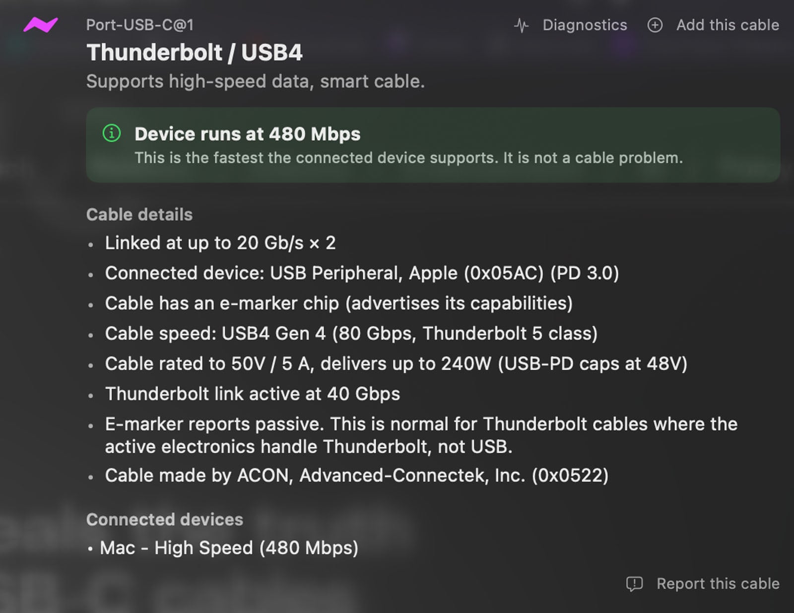 A Mac is connected via USB4/Thunderbolt; connection speed is 480 Mbps. The device supports up to 20 Gb/s, but is limited by the connected accessory. Technical cable details and specs are shown on screen.
