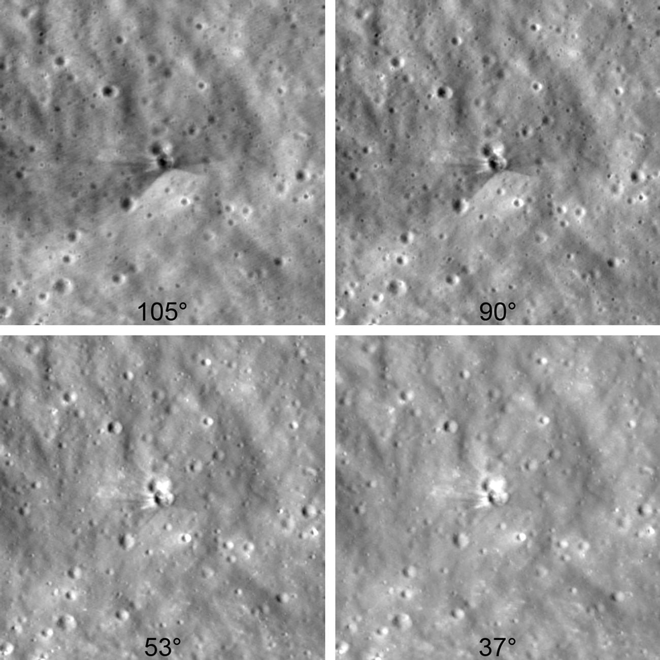 Four panels show the same lunar surface feature under different solar illumination angles, labeled 105°, 90°, 53°, and 37°.