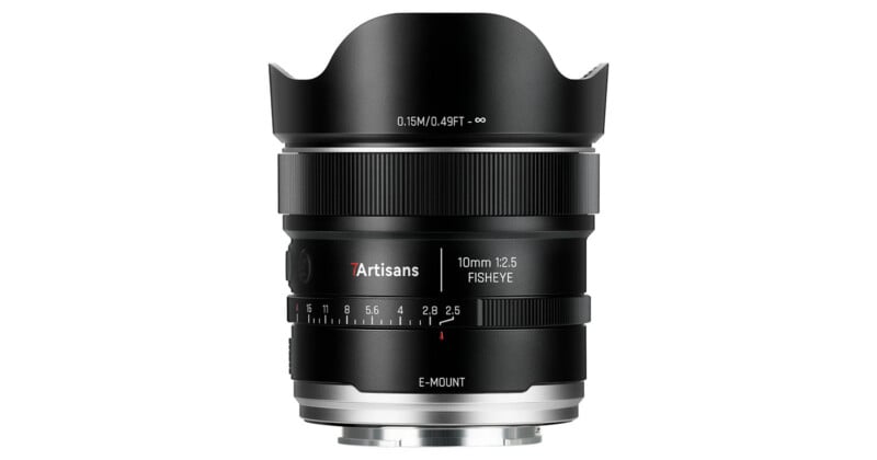 A black 7Artisans 10mm f/2.5 fisheye lens for Sony E-mount cameras, shown from a front-facing perspective.