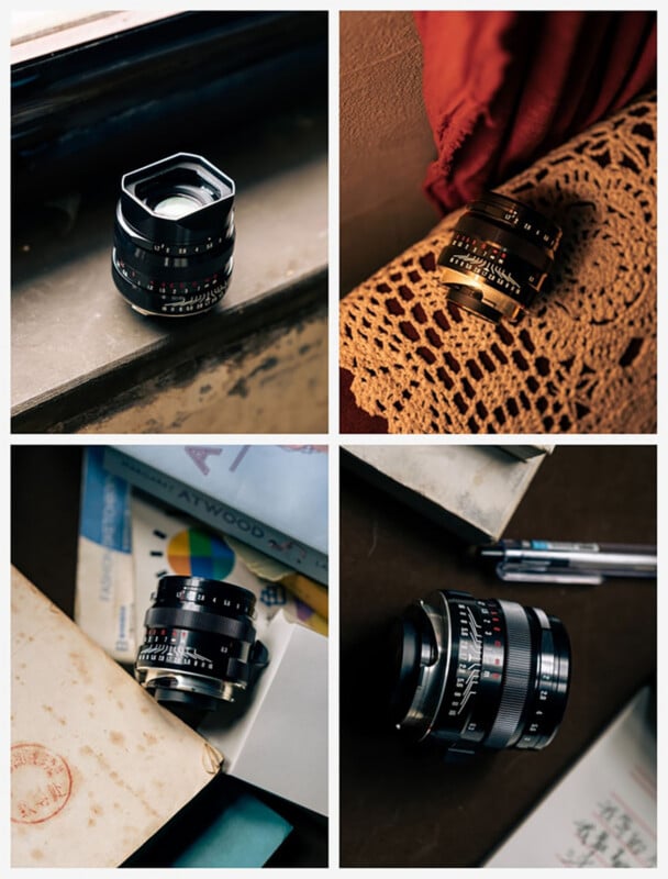 A collage of four photos showing a black camera lens with red and white markings, placed on various surfaces including a windowsill, a crocheted cloth, and near books.