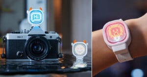 A split image shows a small, white, horned LED display device mounted on a camera, sitting on a table, and worn as a watch.