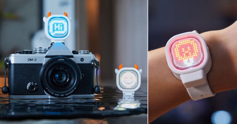 A split image shows a small, white, horned LED display device mounted on a camera, sitting on a table, and worn as a watch.