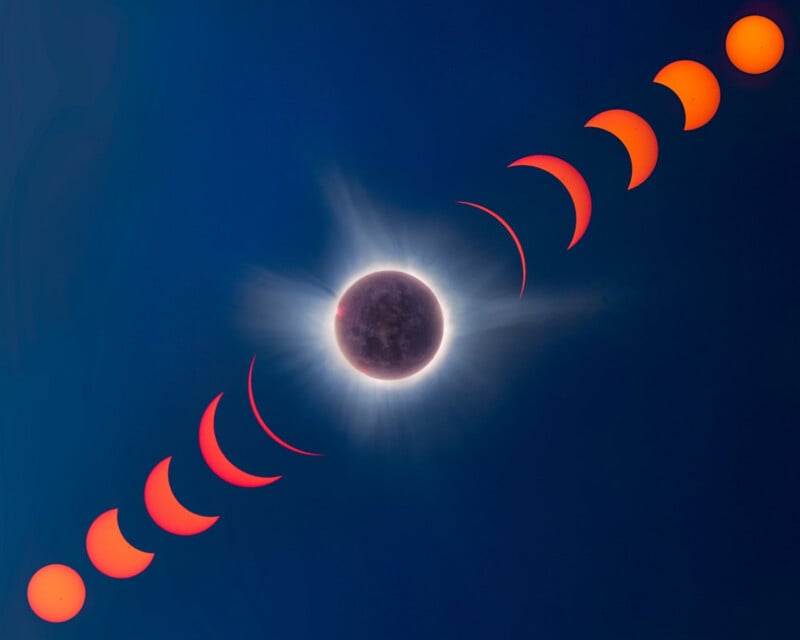 A composite image shows the progression of a solar eclipse, with a central total eclipse surrounded by a sequence of crescent phases.