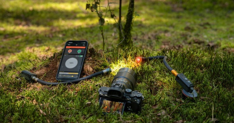 A smartphone displaying a lighting control app sits on a mossy forest floor next to a camera with two flexible LED lights attached.