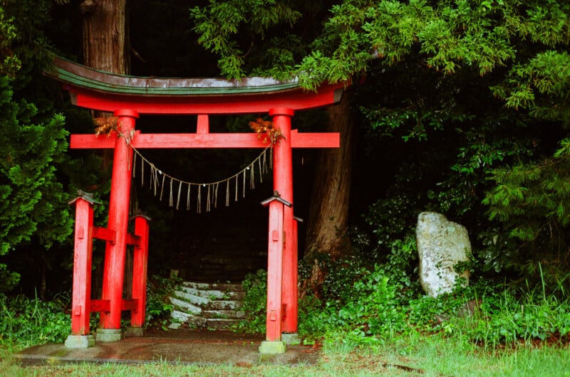 A bright red torii gate stands at the entrance to a stone staircase leading into a dark, wooded area, with a large stone marker nearby.