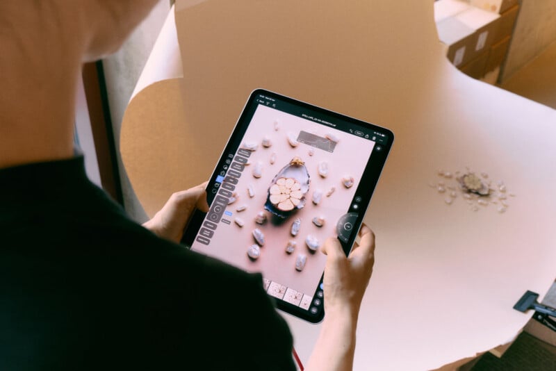 A person holds an iPad displaying photo editing software with a still-life image of a sliced garlic bulb and scattered cloves on a light-colored background.