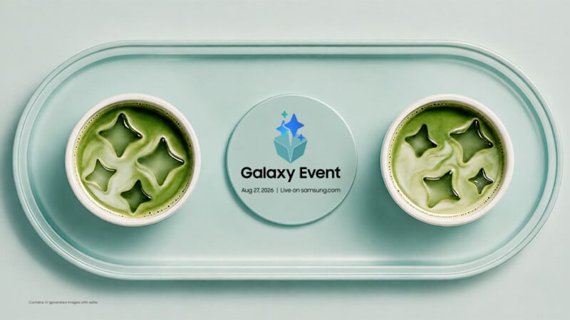 A light green tray holds two cups of green tea with star-shaped ice cubes and a central circular sign reading "Galaxy Event Aug 27, 2026 | Live on samsung.com".