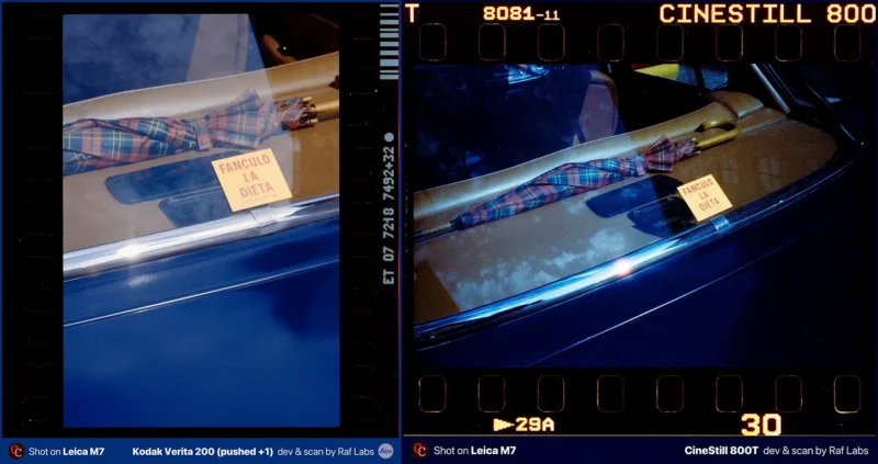 Two side-by-side film frames showing a plaid umbrella and a yellow note reading "FANCULO LA DIETA" on a car's rear shelf.