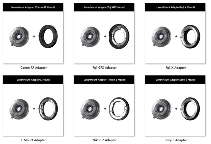 A grid of six panels showing a camera lens paired with different mount adapters for Canon RF, Fuji GFX, Fuji X, L, Nikon Z, and Sony E systems.