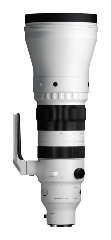 A white telephoto zoom lens with a black rubber focus ring, a tripod mount, and visible text reading "300-600mm 1:4 DG" and "SIGMA".