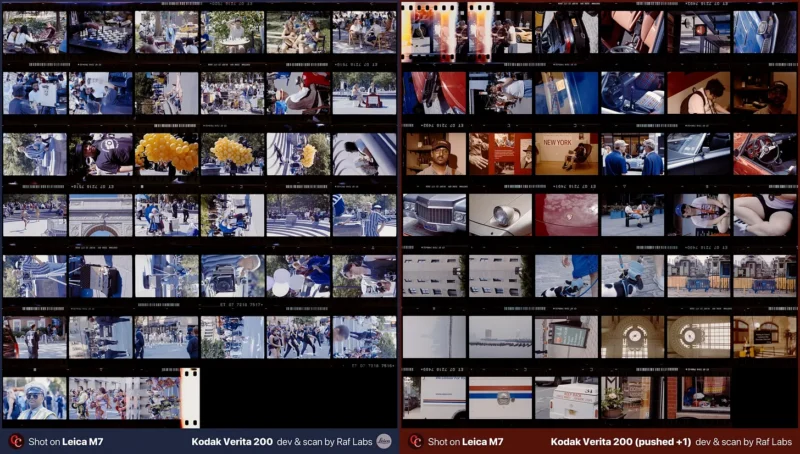 Two contact sheets displaying various 35mm film frames, including street scenes, portraits, and architectural details, with text at the bottom identifying the film and development process.