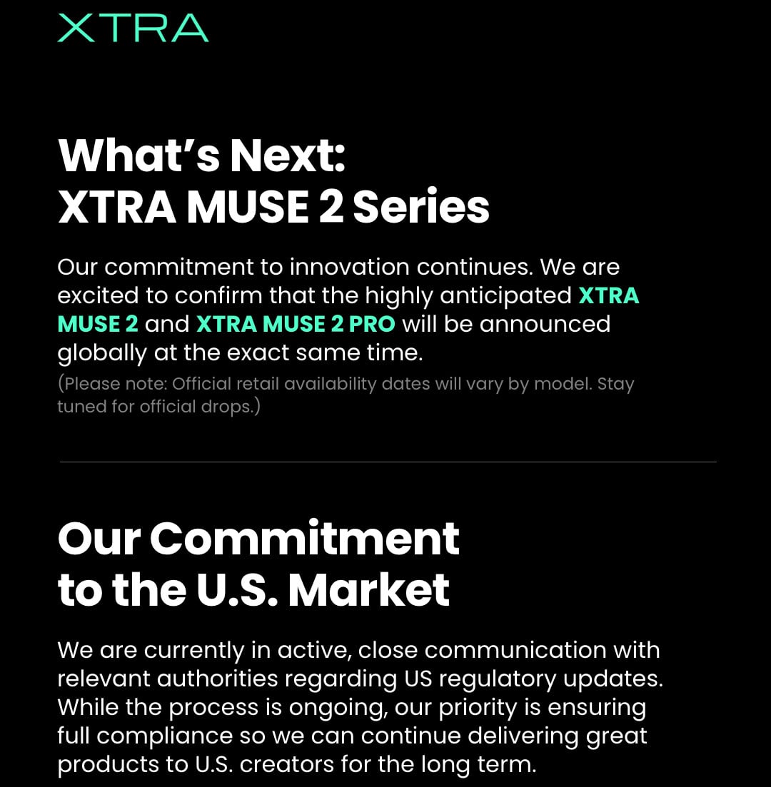 An informational slide from XTRA titled "What's Next: XTRA MUSE 2 Series" and "Our Commitment to the U.S. Market.