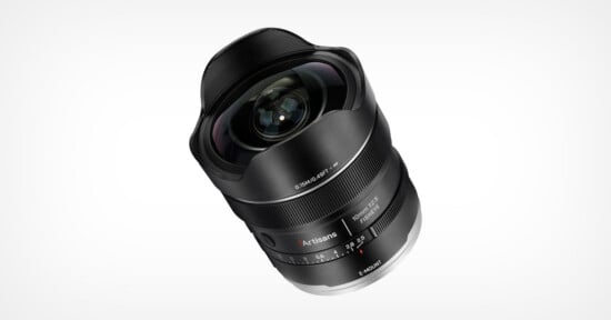 A 7Artisans 10mm f/2.5 fisheye lens for Sony E-mount cameras, shown at an angle against a white background.