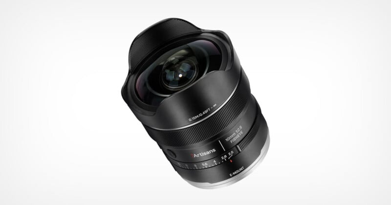 A 7Artisans 10mm f/2.5 fisheye lens for Sony E-mount cameras, shown at an angle against a white background.