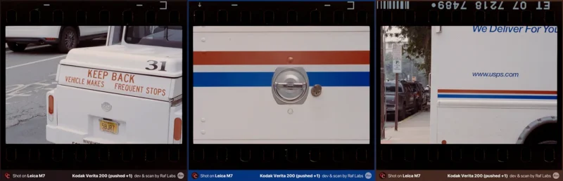 A triptych of film frames showing close-ups of a white United States Postal Service vehicle, including its rear bumper, a side door latch, and the side panel with branding.