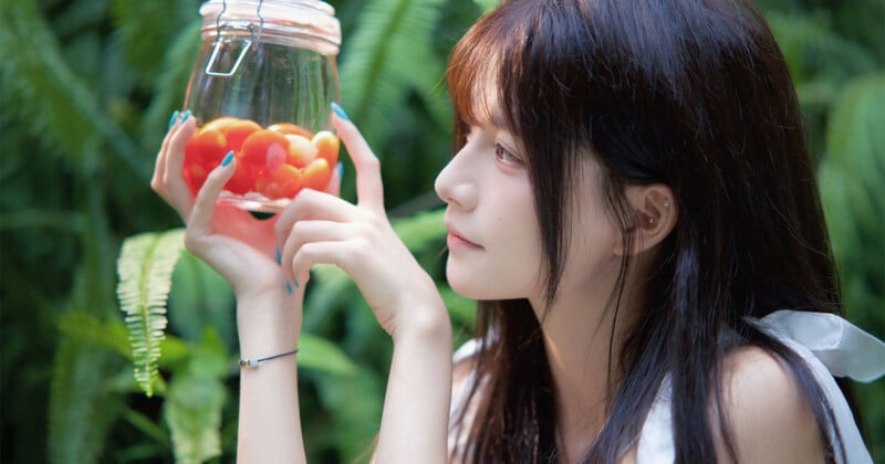 A young woman with long dark hair holds a glass jar filled with small, orange-red fruits in front of a lush green fern background.